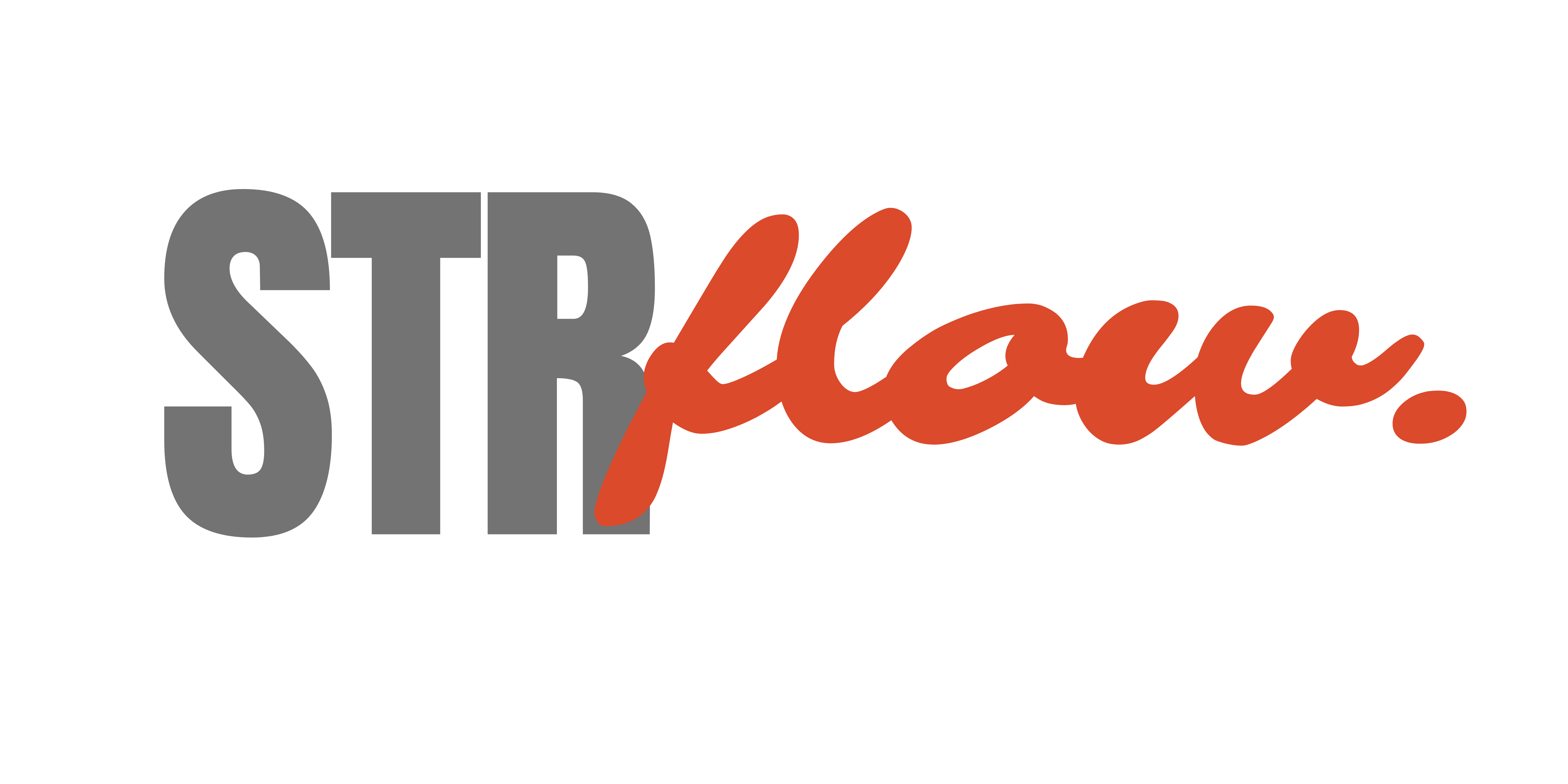 STRflow logo featuring large bold gray letters STR and handwritten orange script flow with a period. The logo conveys a modern, energetic, and professional tone. The background is white and uncluttered, emphasizing the brand name. Text in the image reads STRflow.